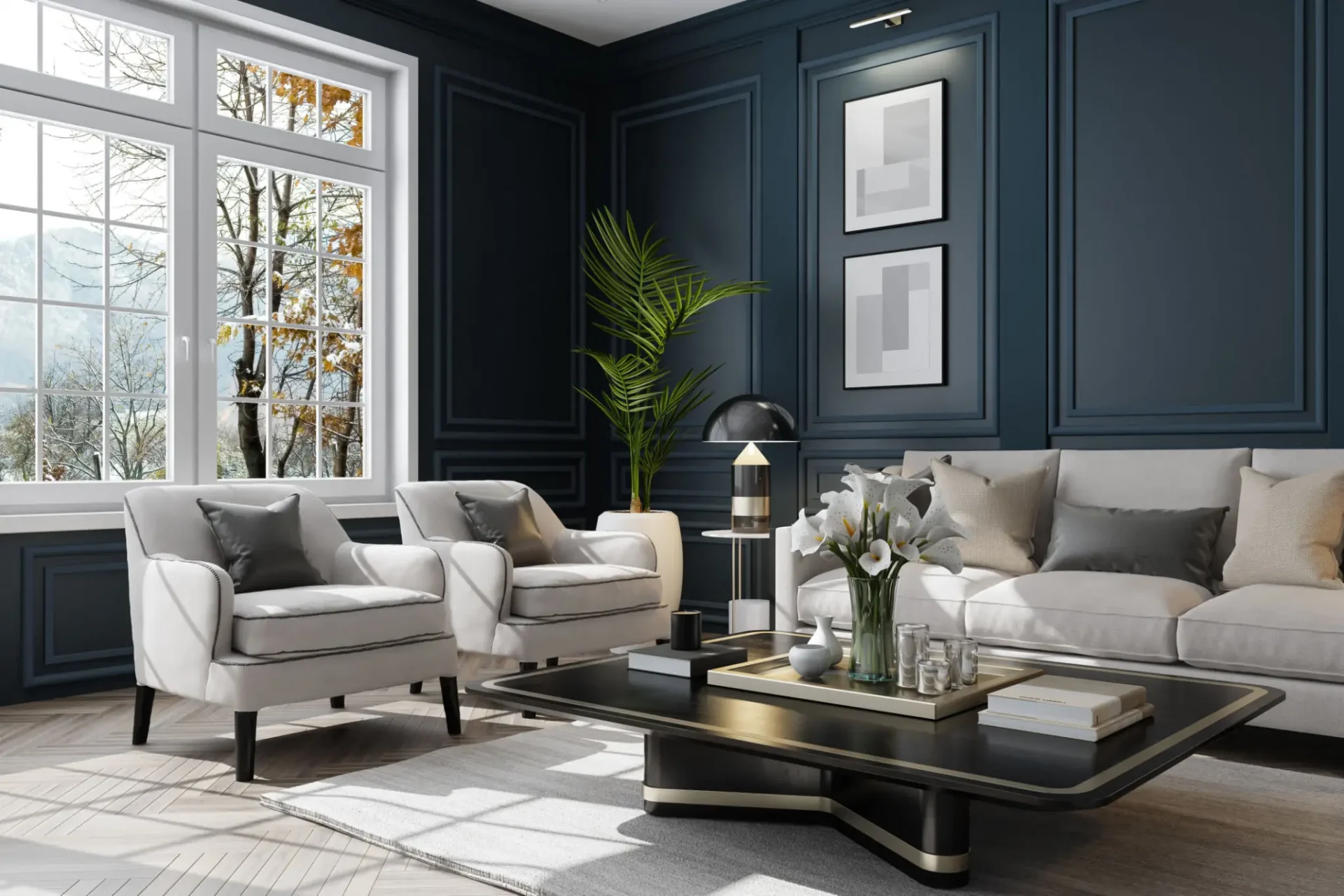 Stylish living room with large windows