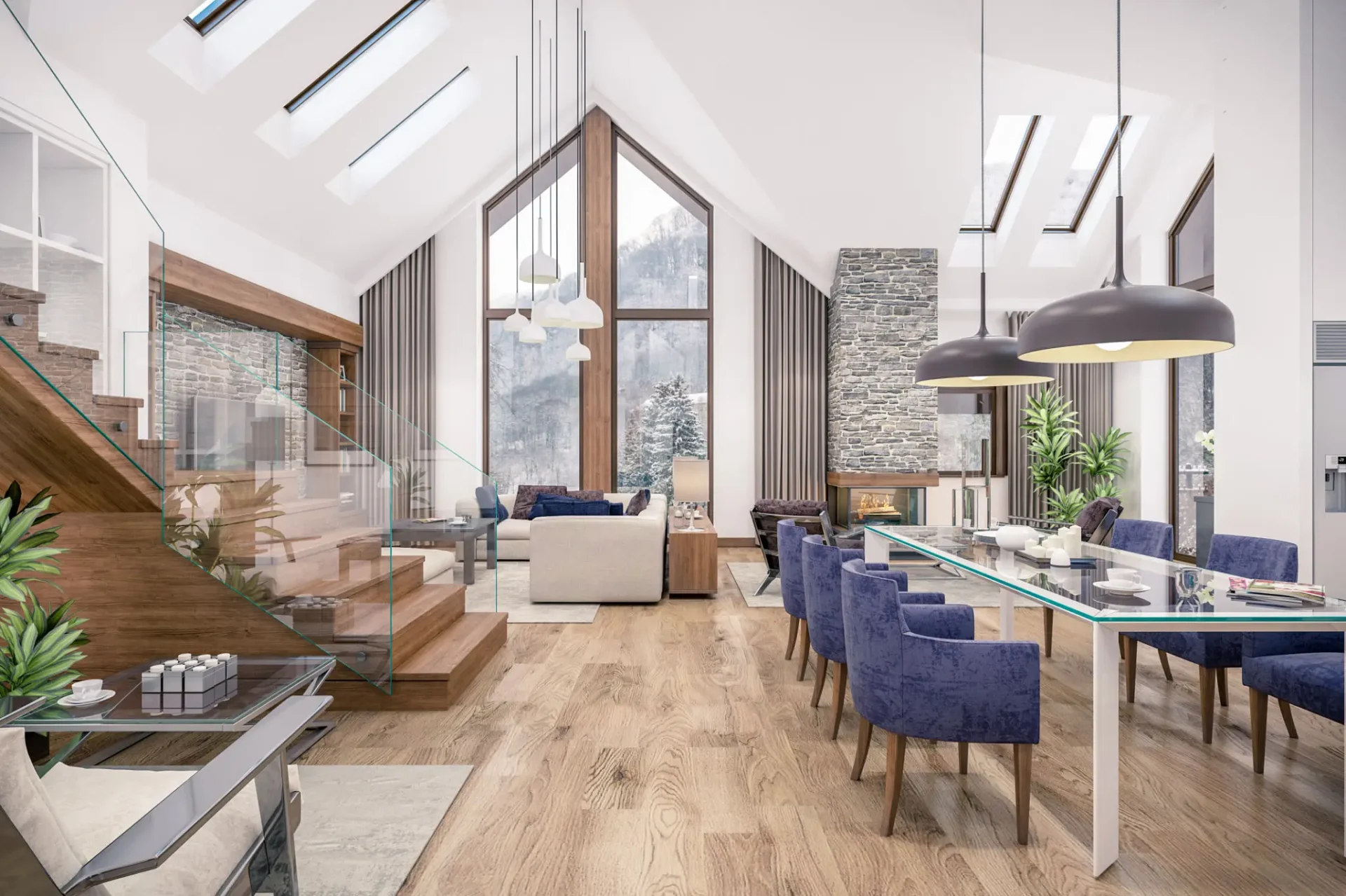 Spacious living room with mountain view