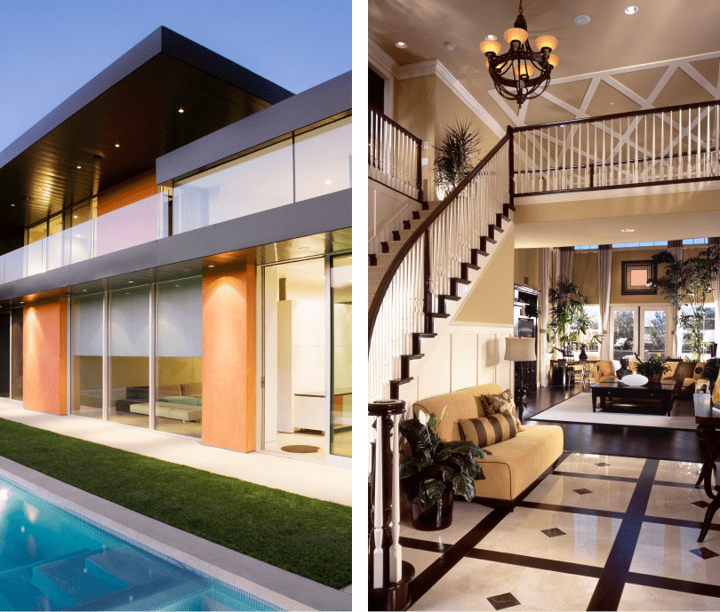 Modern two-story house with pool at dusk.