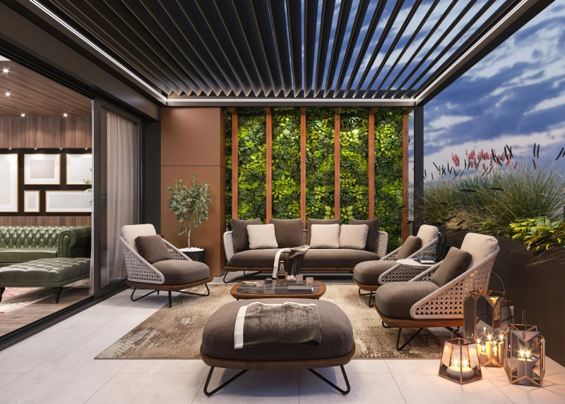 Modern outdoor living space with comfortable seating and vertical garden.