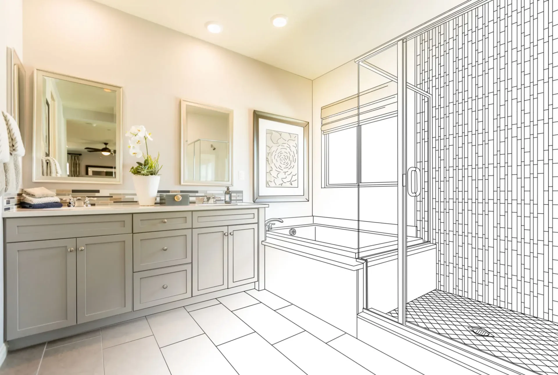 Bathroom remodel concept with drawing and photo
