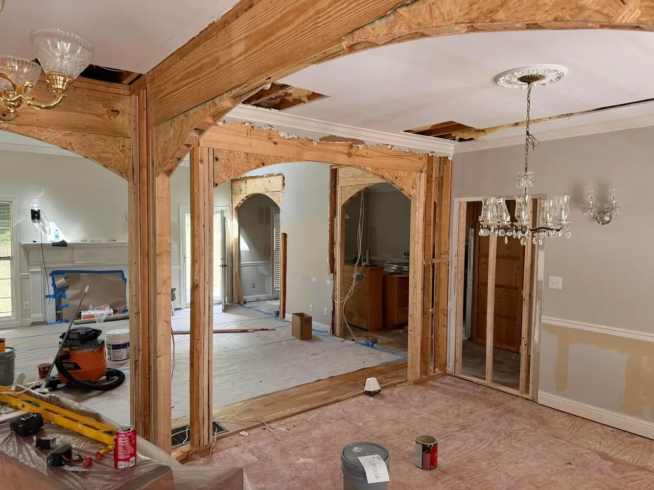Home renovation with exposed wooden beams